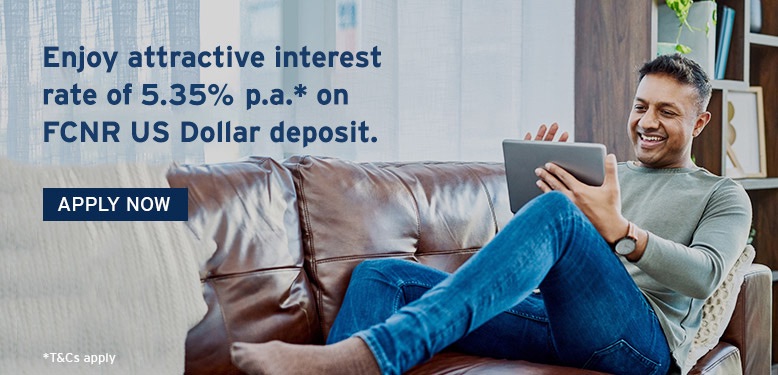 Enjoy attractive interest rate of 5.35% p.a.* on FCNR US Dollar deposit.
